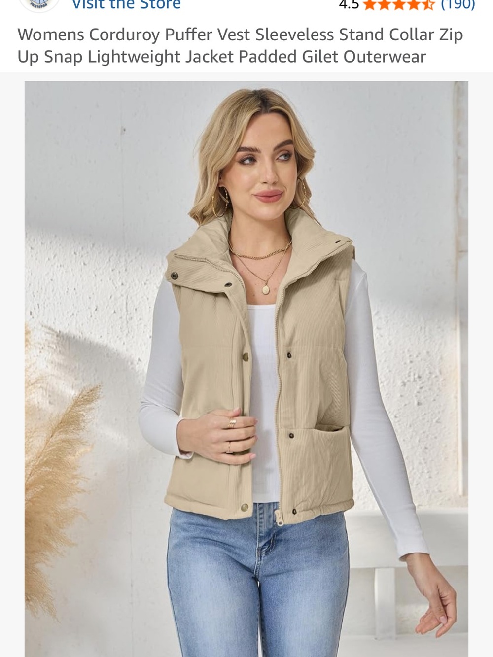 Sleeveless Corduroy Puffer Vest in Light Beige - Picture 6 of 6